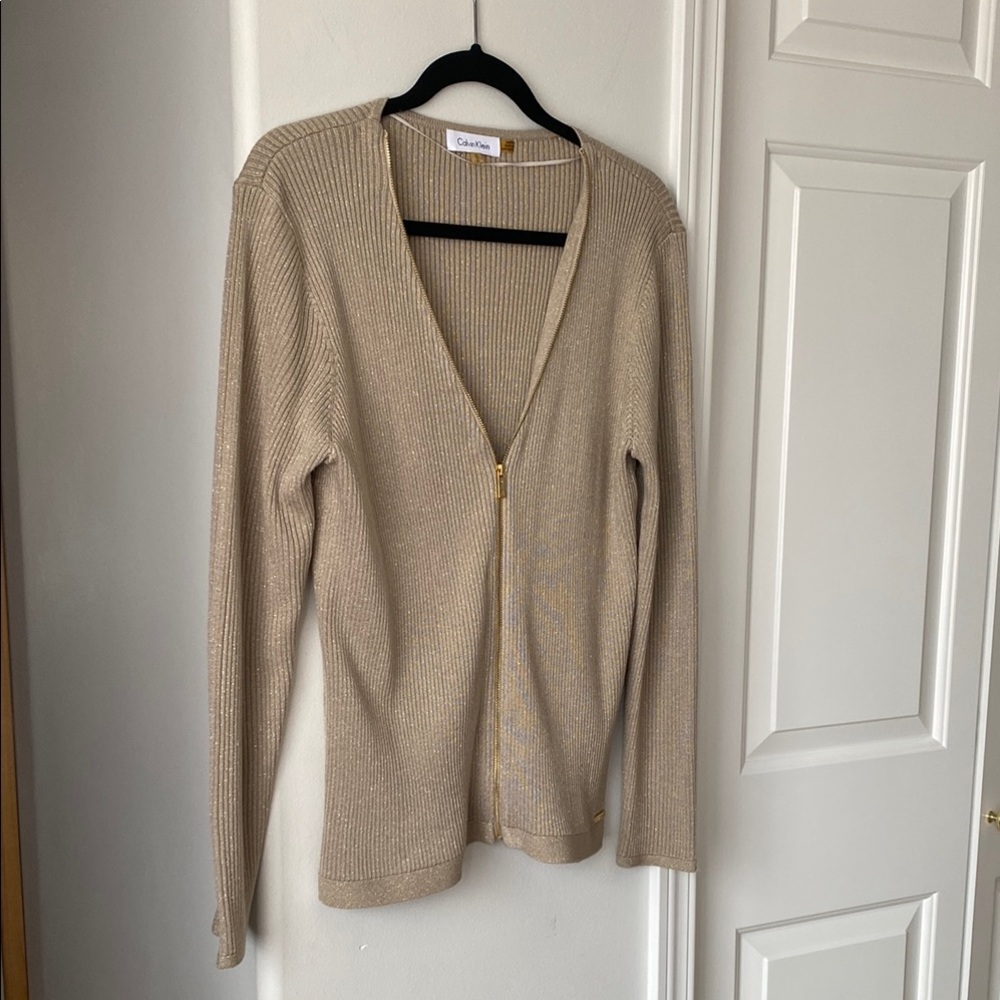 Calvin Klein - Tan Shimmery Zip Up Jacket Knit/Ribbed Sweater Cardigan